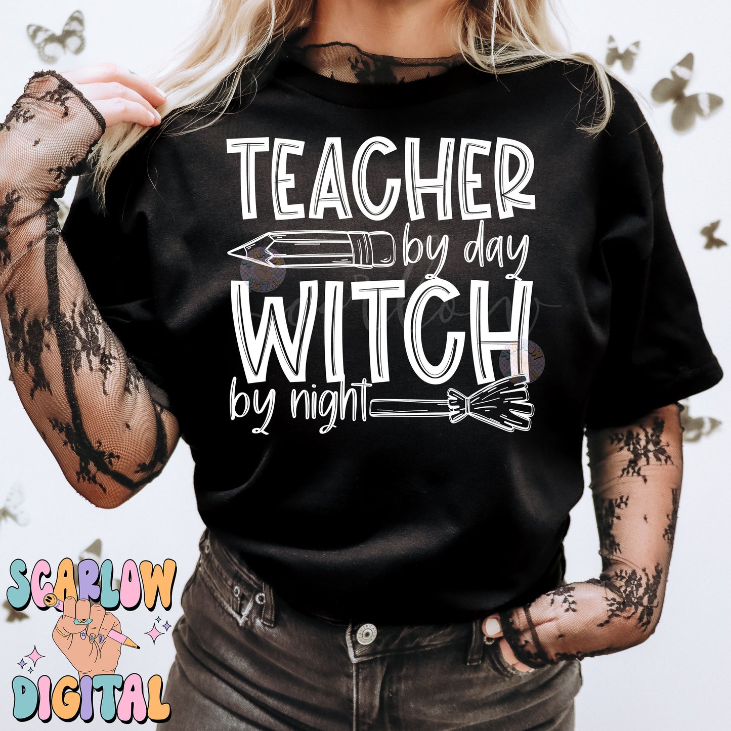 Teacher By Day Witch By Night PNG Digital Design Download, Halloween png, pencil png, witch broom png, spooky teacher png, single color png