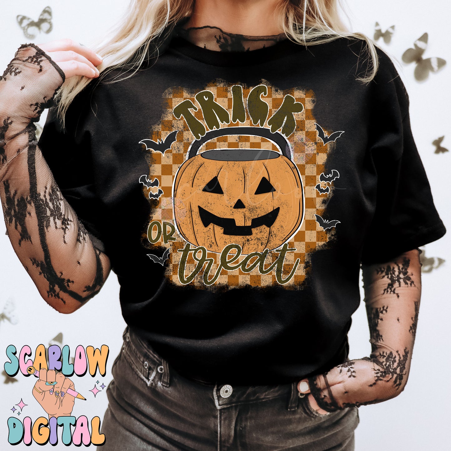 Trick or Treat PNG Digital Design Download, Halloween png, pumpkin bucket png, checkers png, spooky season png, bats png, fall png designs