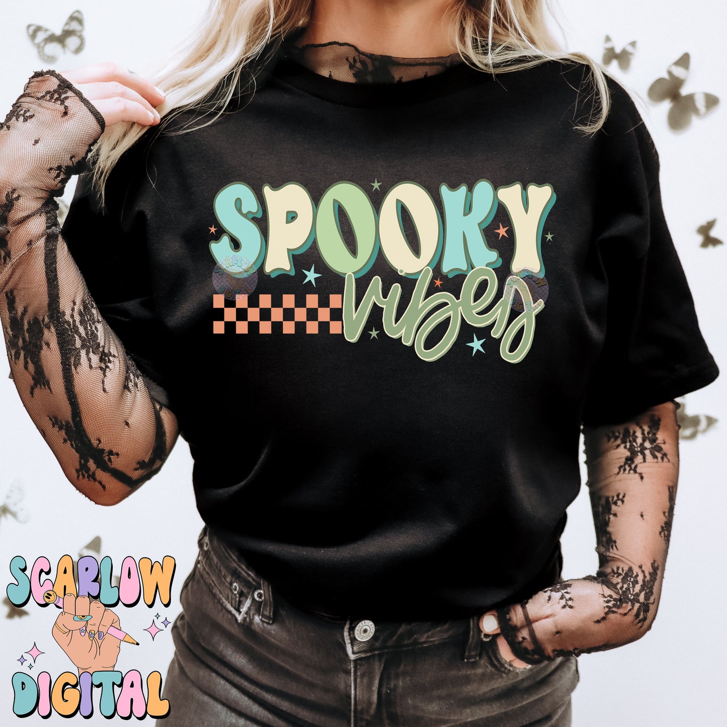 Spooky Vibes PNG Digital Design Download, halloween png, spooky season png, neon halloween png, retro halloween png, checkers png, boy png