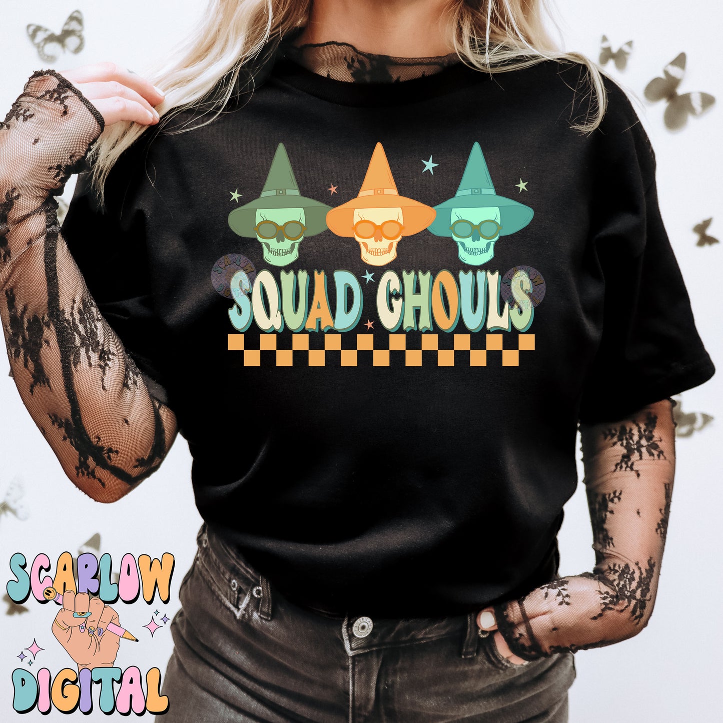 Squad Ghouls PNG Digital Design Download, spooky season png, neon halloween png, retro halloween png, skulls png, skeleton png designs