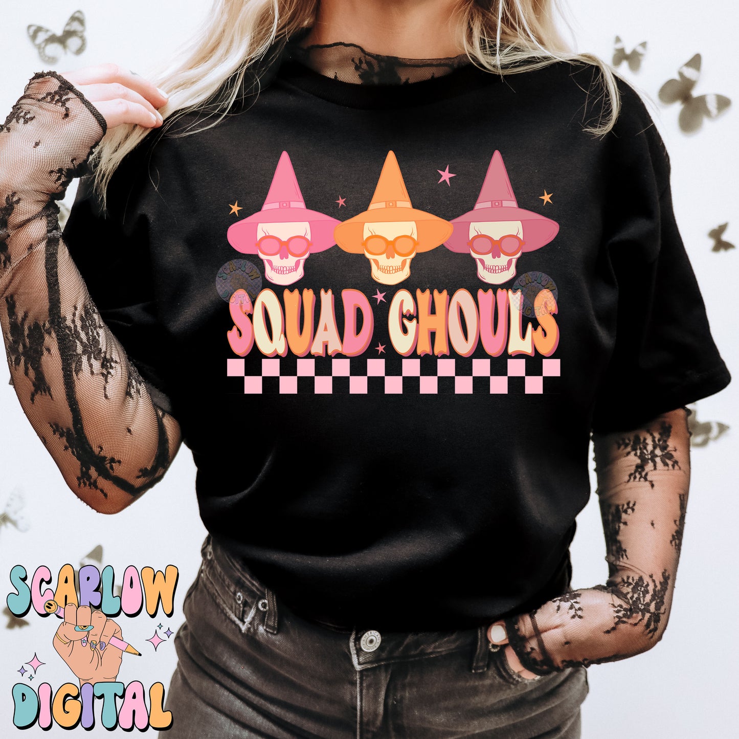 Squad Ghouls PNG Digital Design Download, spooky season png, neon halloween png, retro halloween png, skulls png, skeleton png designs