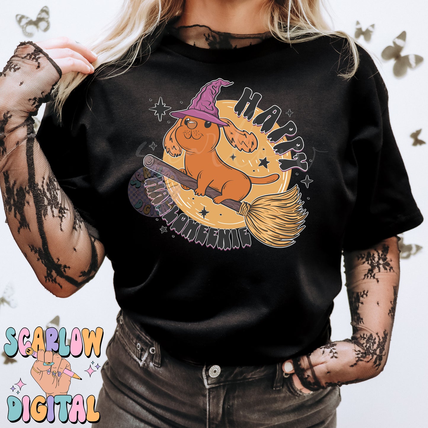 Happy Halloweenie PNG Digital Design Download, dachshund png, wiener dog png, funny halloween png, spooky season png, witchy png, kids png