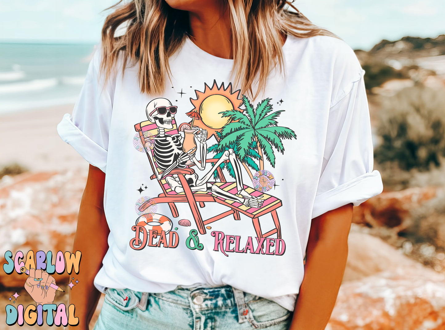 Dead and Relaxed PNG Digital Design Download, skeleton png, funny png designs, halloween png, spooky summer png, beach png, palm trees png