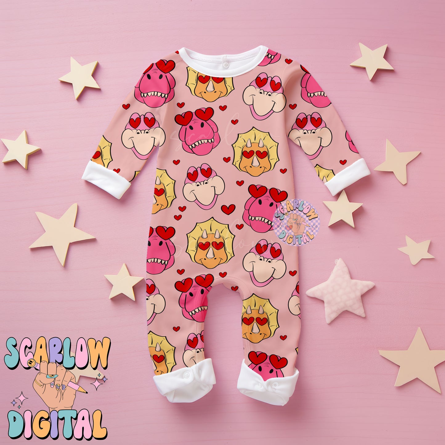 Dinosaurs Seamless Pattern-Valentine's Day Sublimation Digital Design Download-heart eyes seamless pattern, girl valentine's day seamless