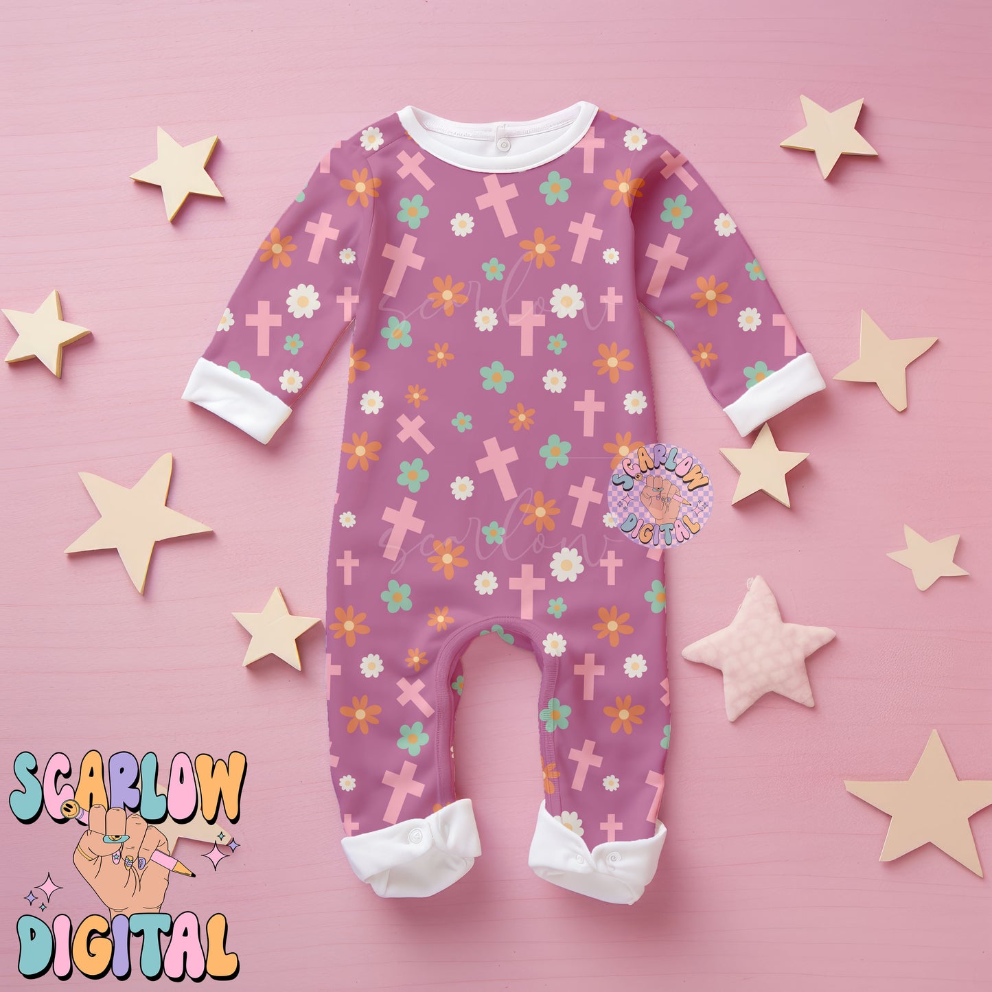 Flowers and Crosses Seamless Pattern-Easter Sublimation Digital Design Download-girly easter seamless pattern, boho seamless patterns