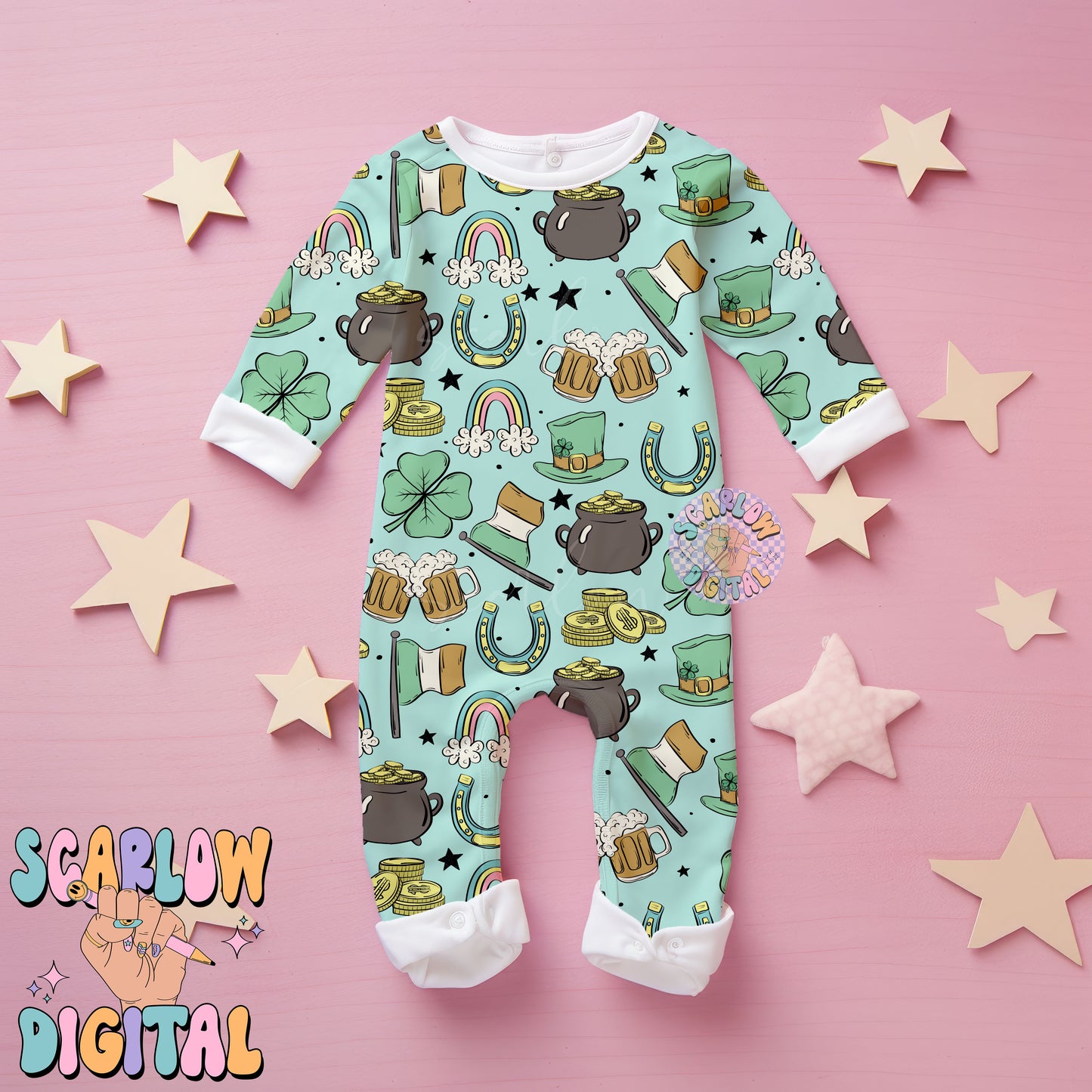 Saint Patrick's Day Doodles Seamless Pattern Sublimation Digital Design Download, rainbows seamless, lucky seamless file, irish seamless