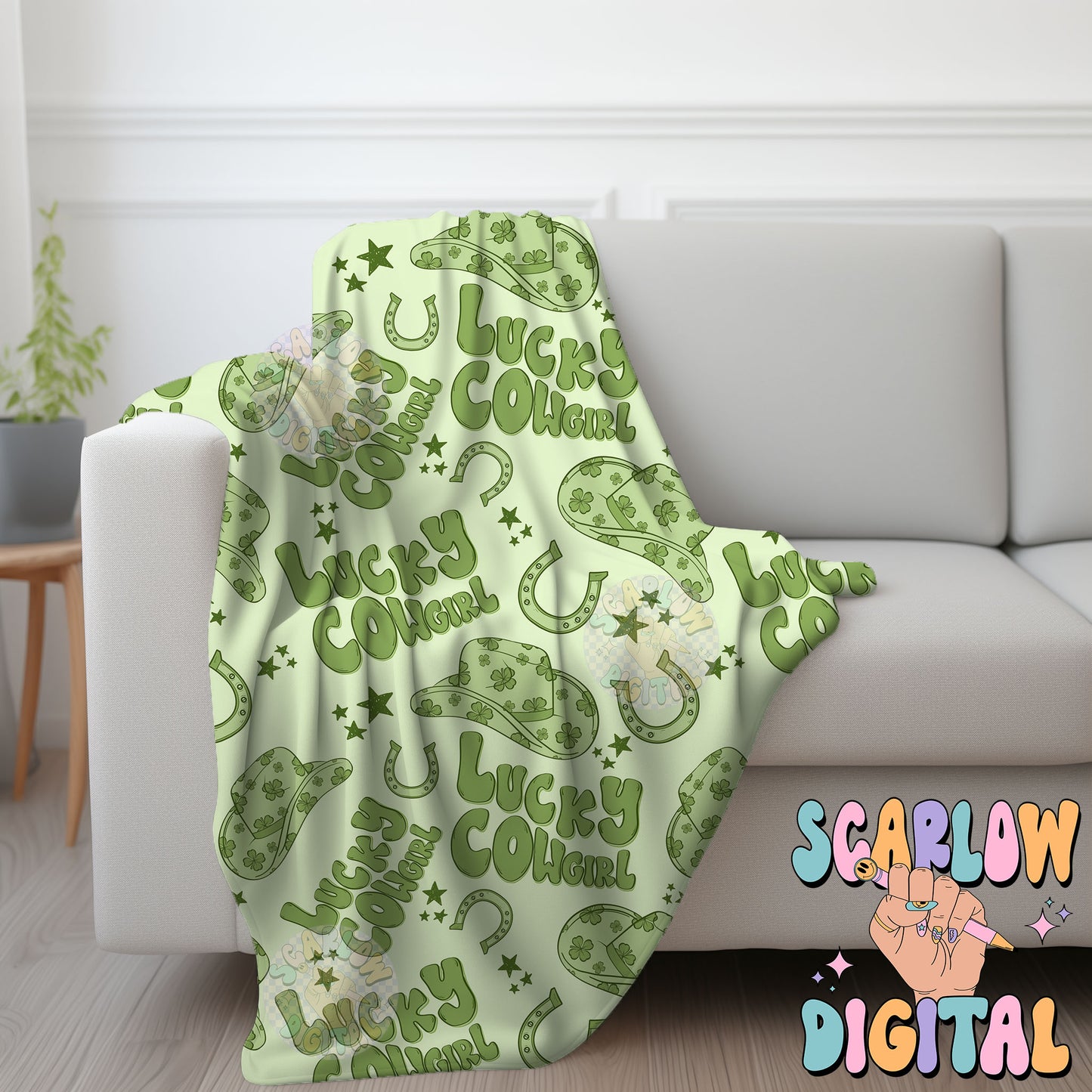 Lucky Cowgirl Seamless Pattern-St Patrick's Day Digital Design Download-shamrock seamless pattern, horseshoe seamless file, western seamless