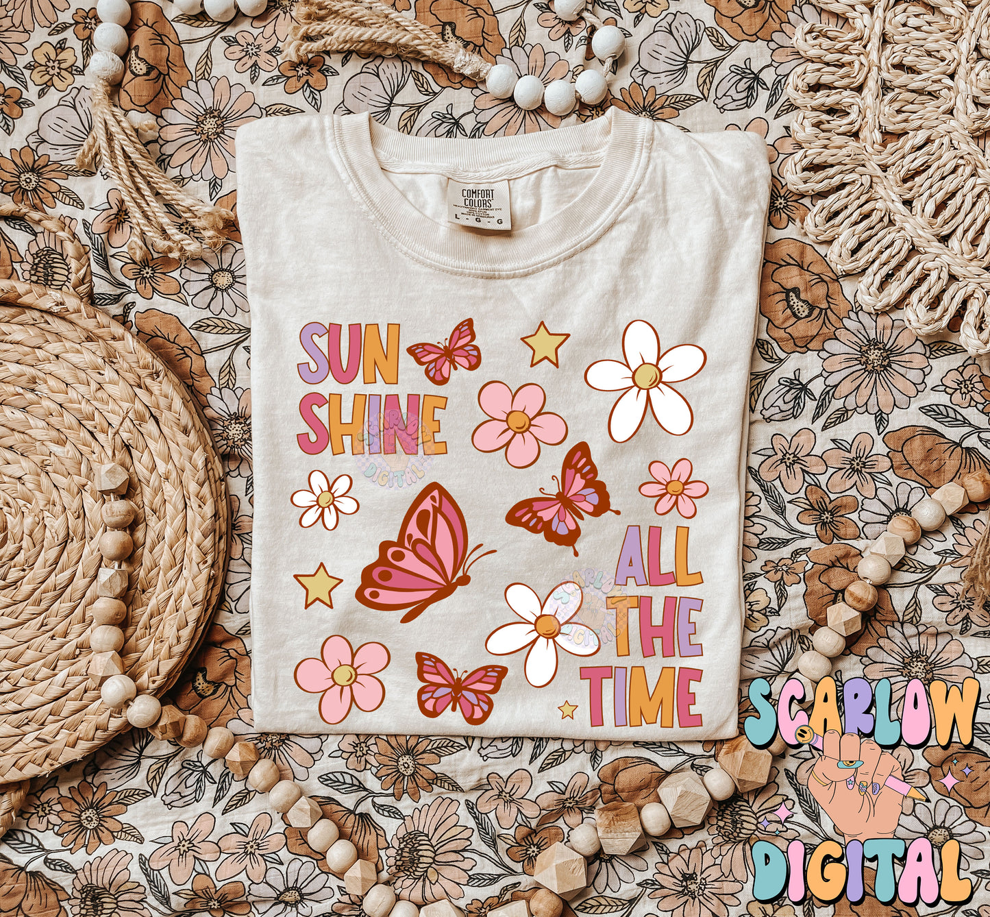 Sunshine All The Time PNG Digital Design Download, flowers png, butterfly png, stars png, little girl png, boho png, retro png, trendy png