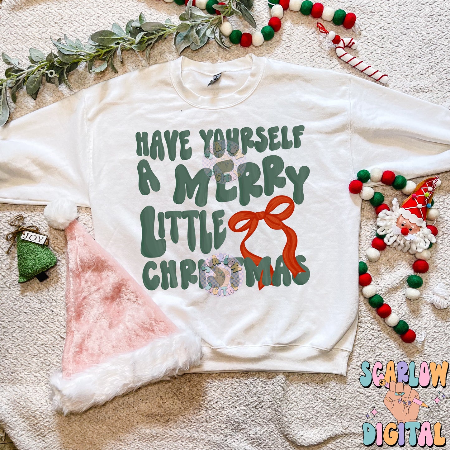 Merry Little Christmas PNG Digital Design, coquette christmas png, christmas bows png, girly christmas designs, traditional christmas design