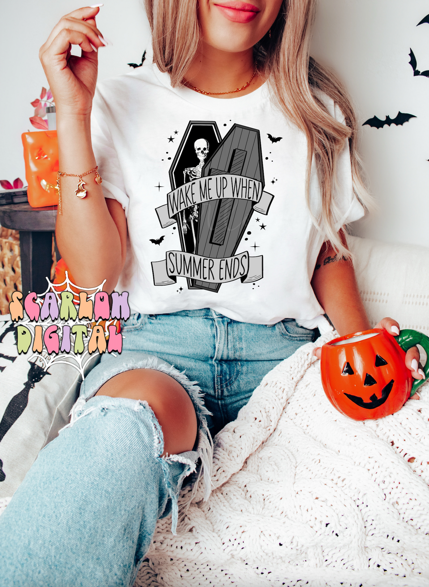 Wake Me Up When Summer Ends PNG-Halloween Sublimation Digital Design Download-skeleton png, coffin png, spooky png, black and grey halloween