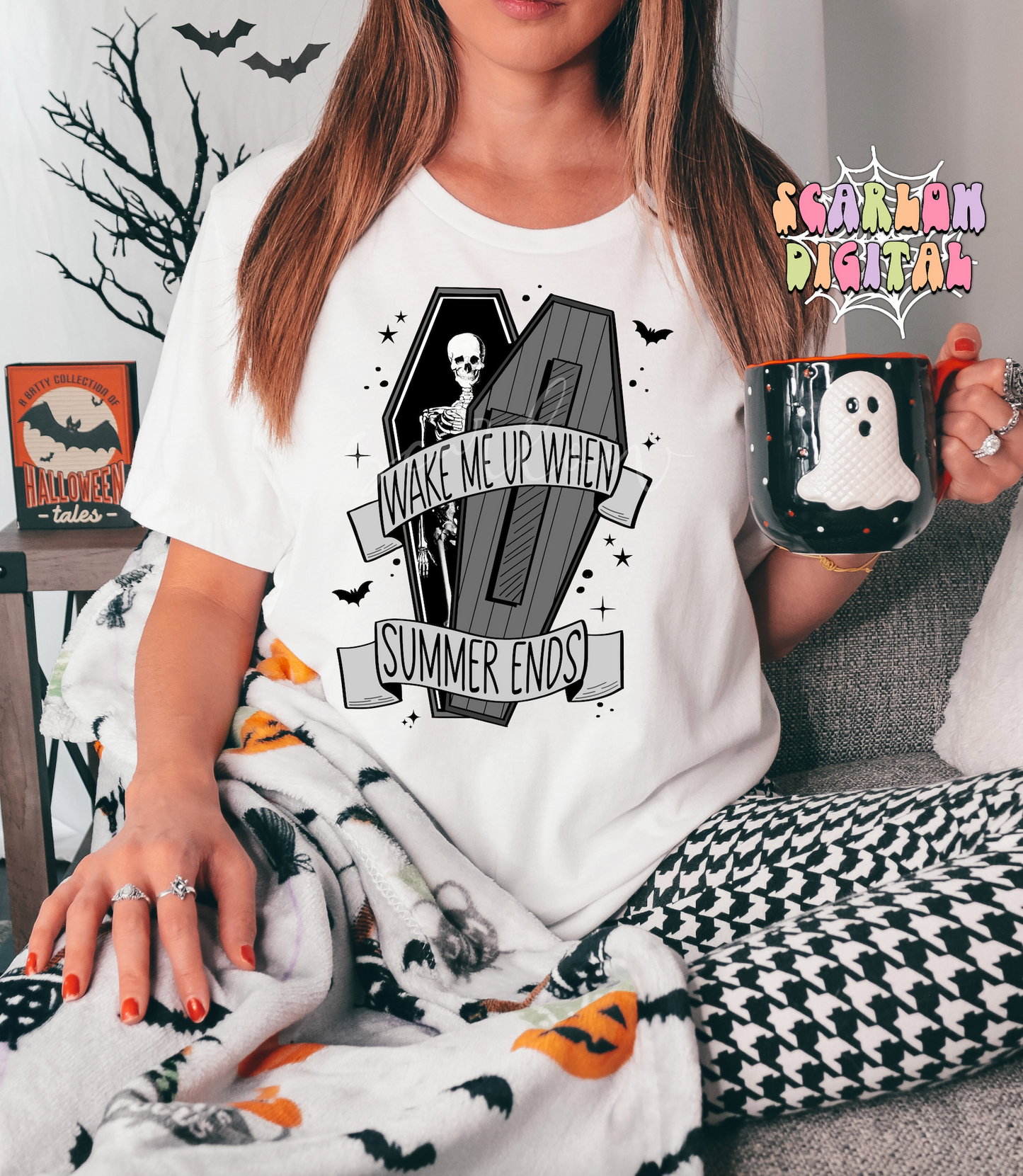 Wake Me Up When Summer Ends PNG-Halloween Sublimation Digital Design Download-skeleton png, coffin png, spooky png, black and grey halloween