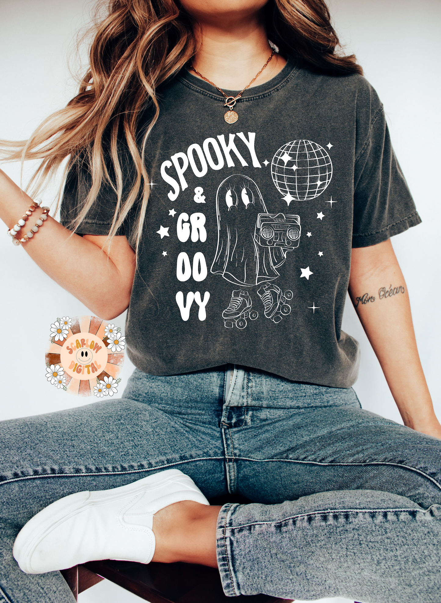 Spooky and Groovy PNG-Halloween Sublimation Digital Design Download-ghost png, disco halloween png, rollerskate png, retro png, outline png