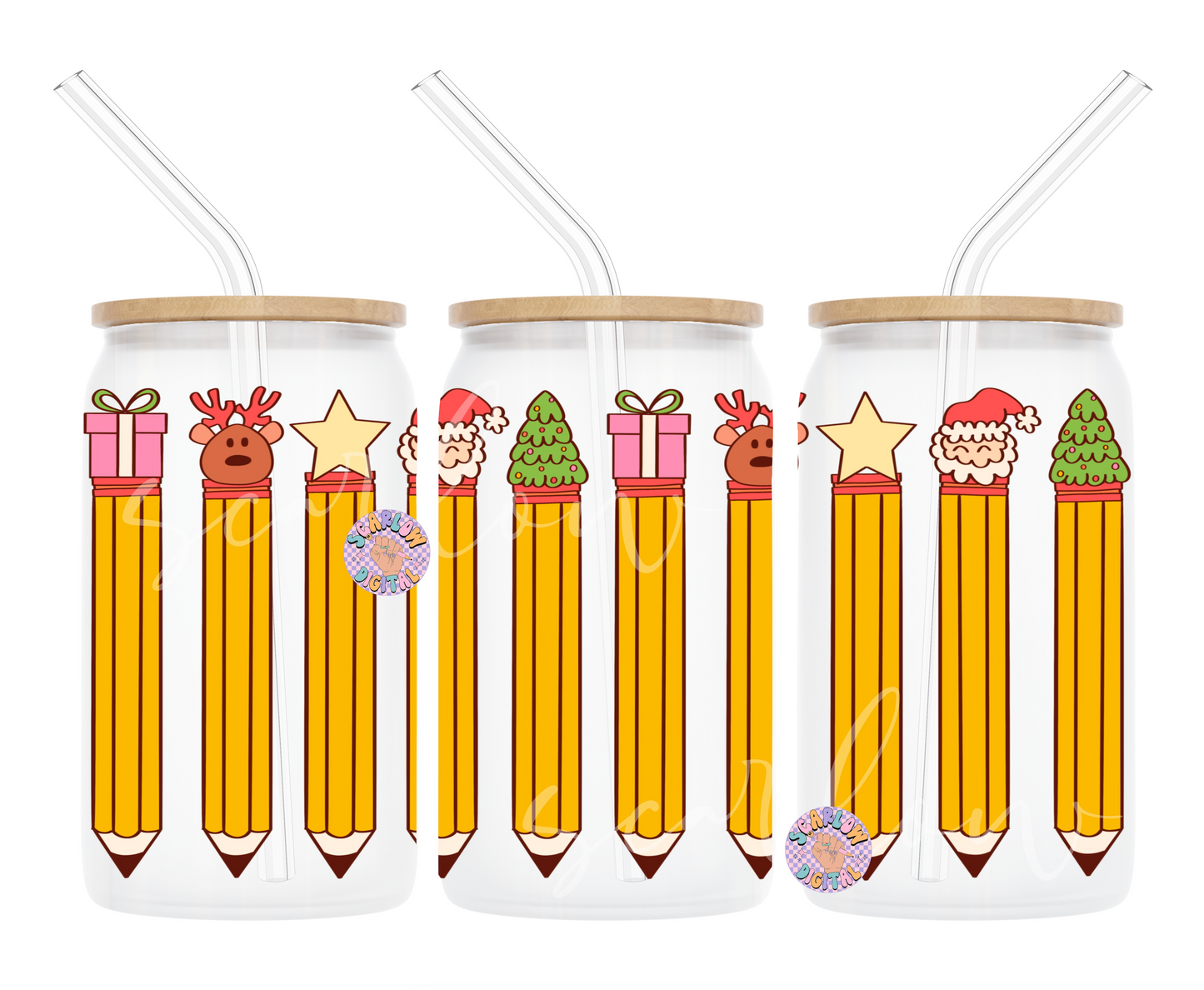 Christmas Pencil Erasers Can Glass Wrap PNG, 16 Ounce can glass designs, teacher can glass png, teacher gift ideas, teacher christmas png