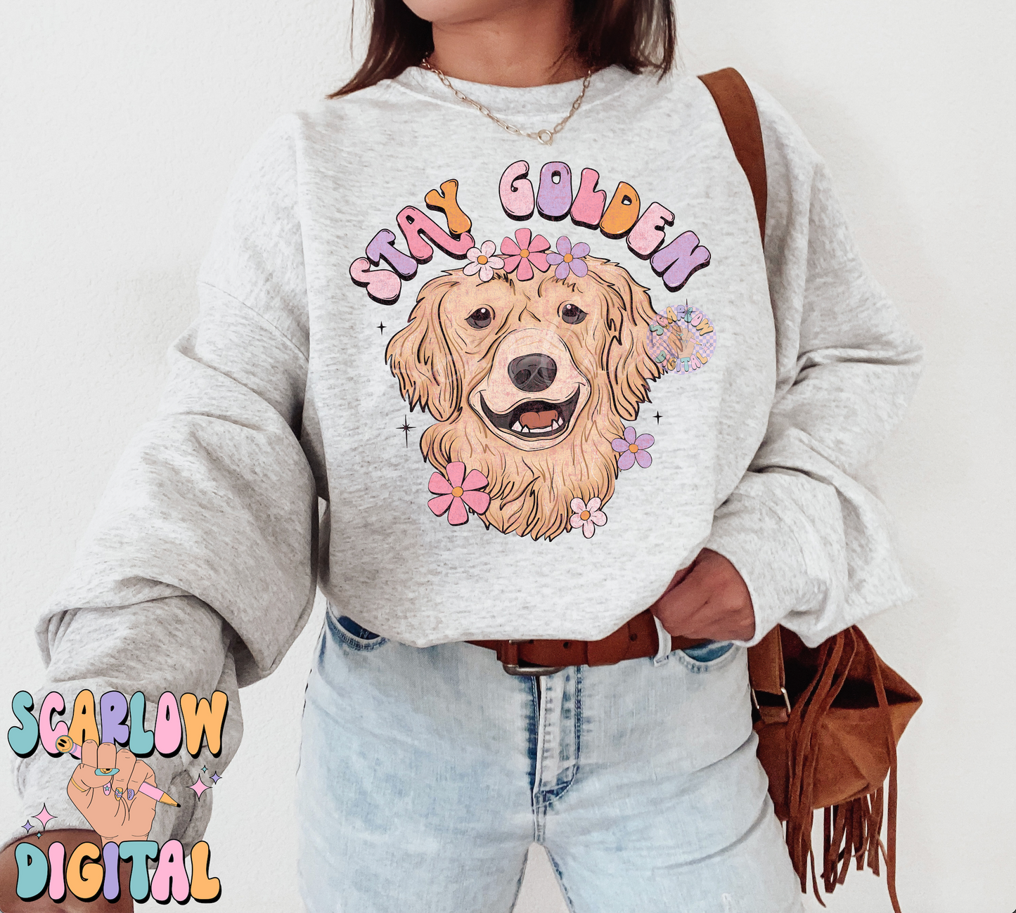 Stay Golden PNG-Golden Retriever Sublimation Digital Design Download-floral png, flowers png, groovy png, dog mama png, hippie png designs