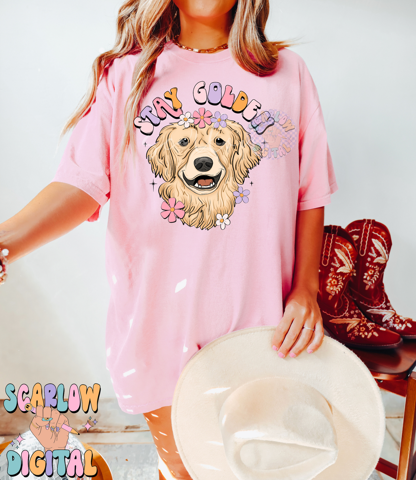 Stay Golden PNG-Golden Retriever Sublimation Digital Design Download-floral png, flowers png, groovy png, dog mama png, hippie png designs