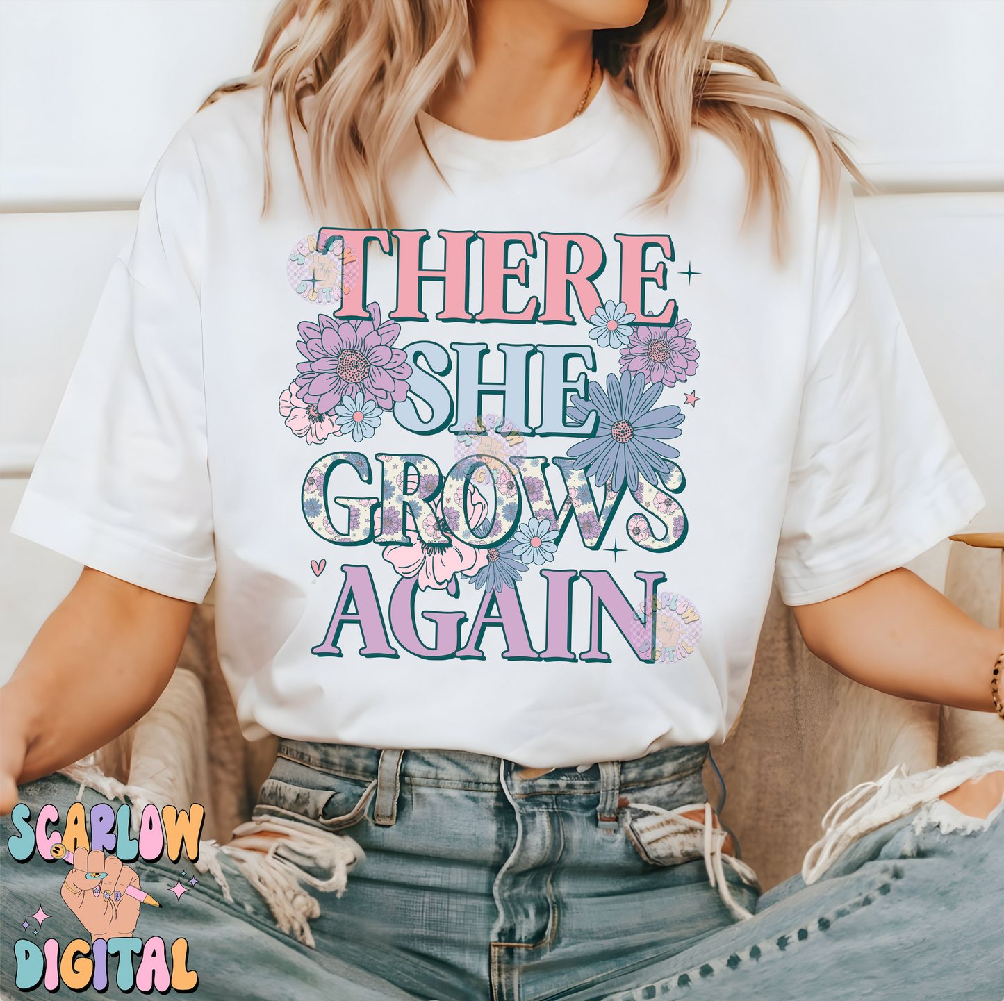 There She Grows Again PNG-Floral Sublimation Digital Design Download, vintage florals png, little girl png, self growth png, empowerment png