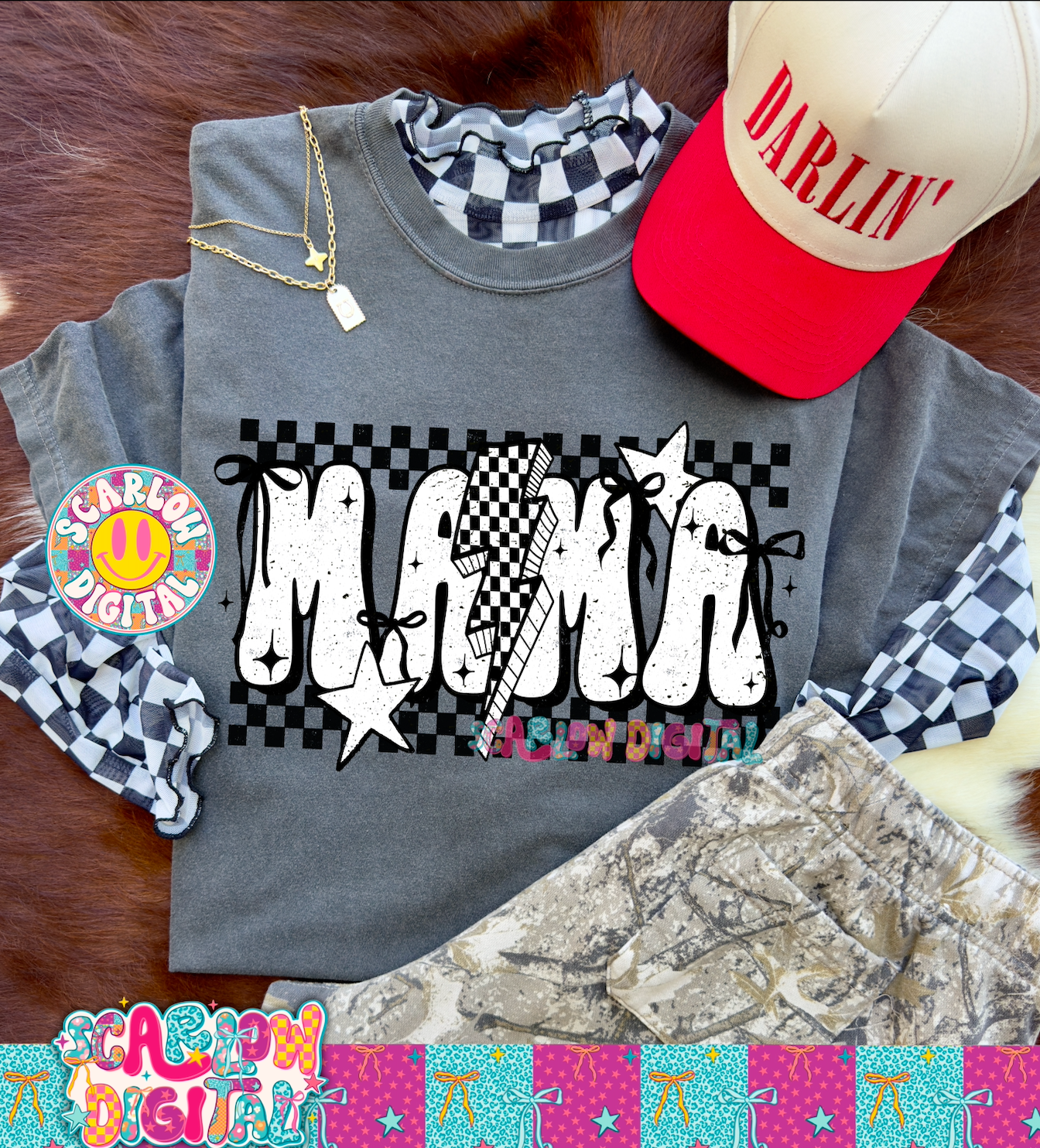 Mama Black and White Rocker Bow PNG Digital Design