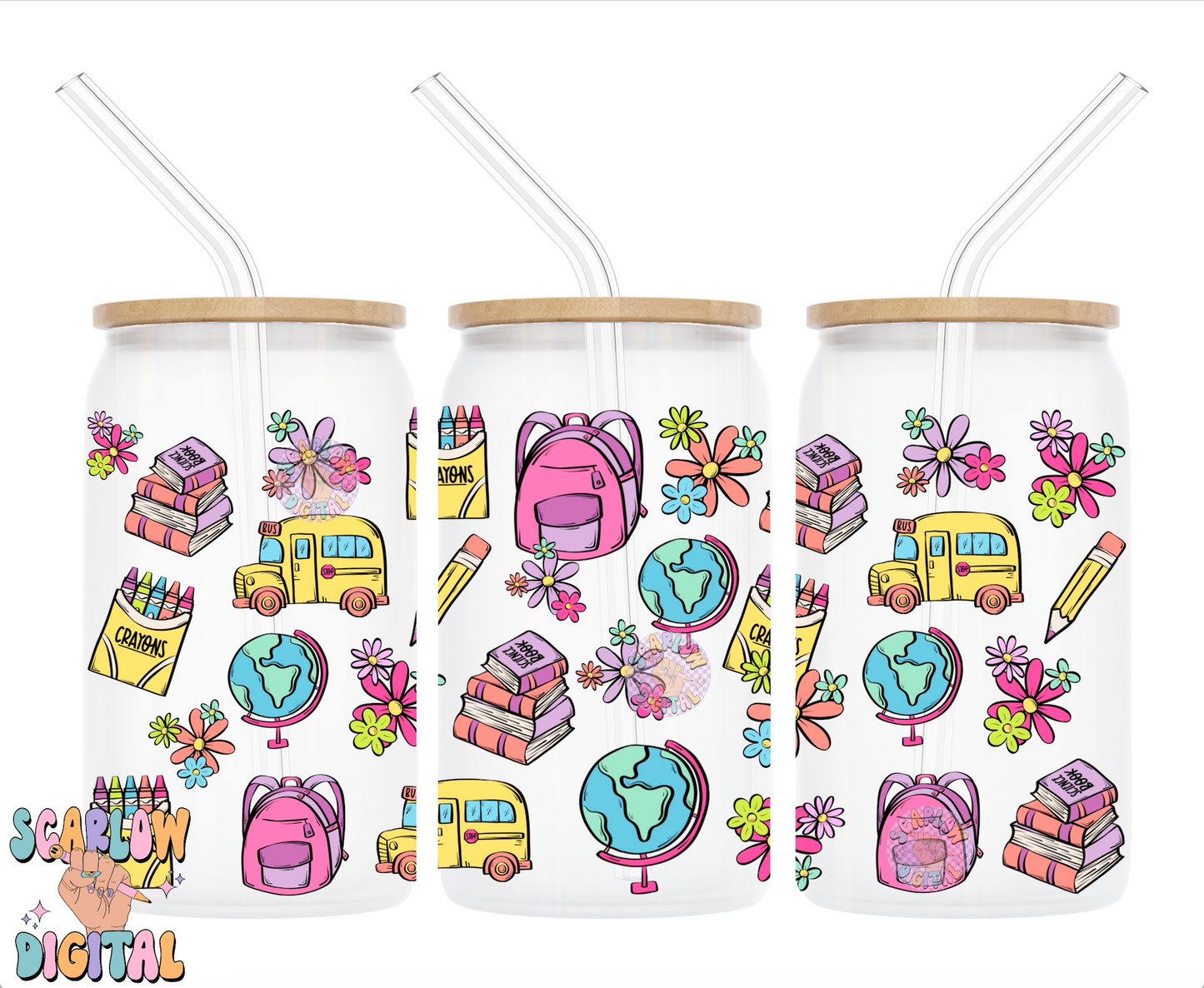 Back to School 16 Ounce Can Glass Wrap PNG Digital Design Download, crayons can glass wrap, flowers glass wrap, teacher can glass wraps png