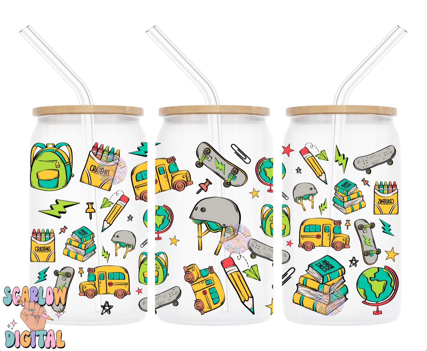 Back to School 16 Ounce Can Glass Wrap PNG Digital Design Download, crayons can glass wrap, skateboard cup wrap, teacher can glass wraps png