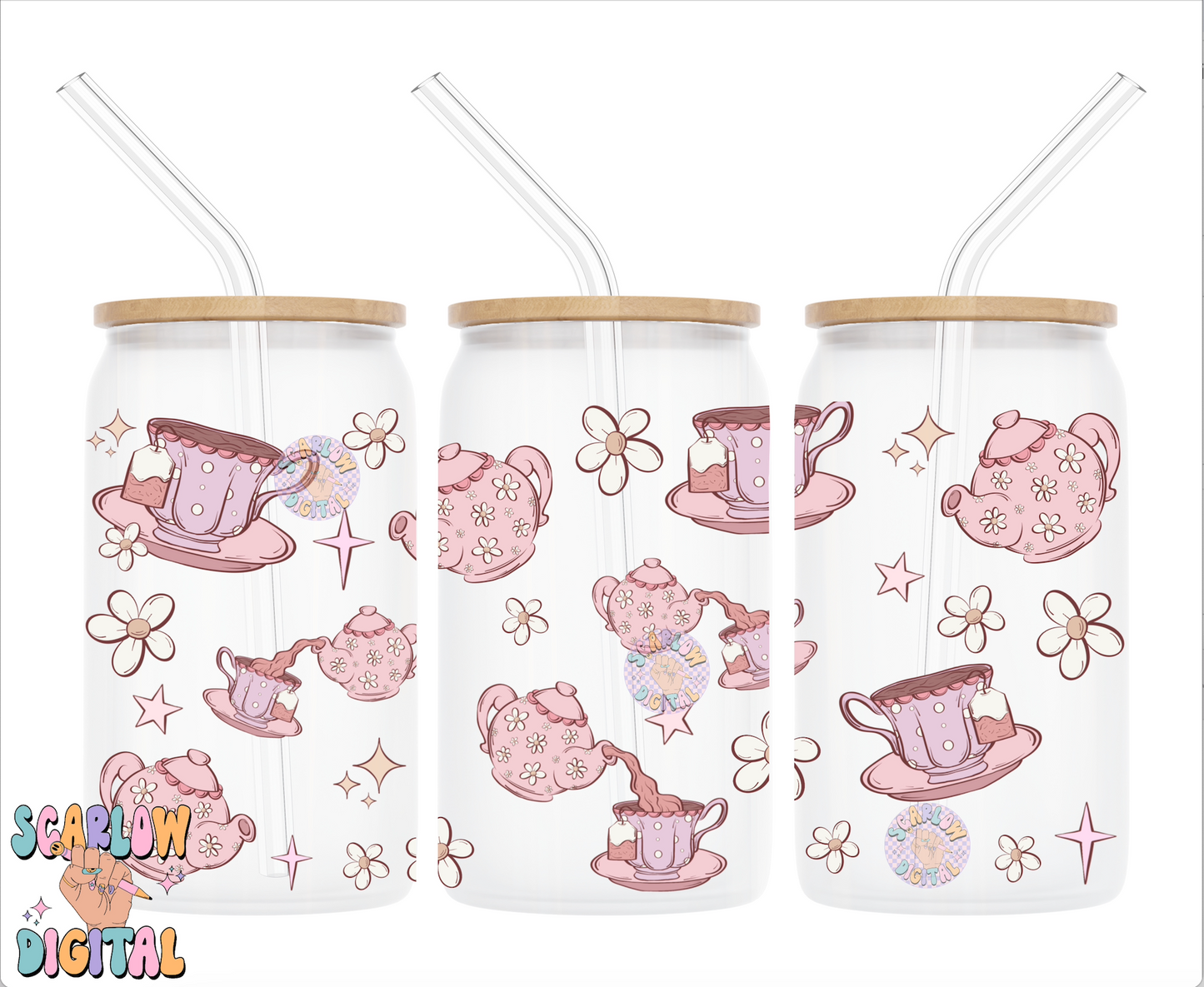Tea Party 16 Ounce Can Glass Cup Wrap PNG Digital Design Download, tea cup cup wrap, coquette cup wrap, vintage cup wrap, flowers cup wrap