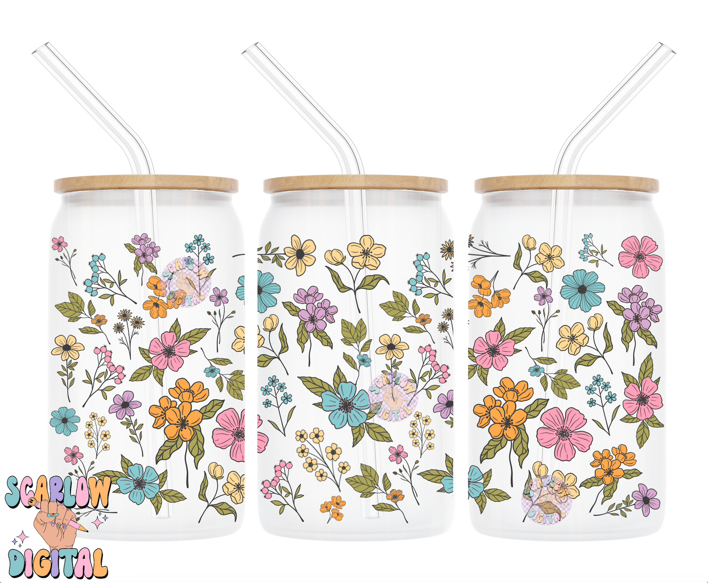 Groovy Flowers 16 Ounce Can Glass Cup Wrap PNG Digital Design Download, floral cup wrap, hippie cup wrap, daisies cup wraps, groovy png