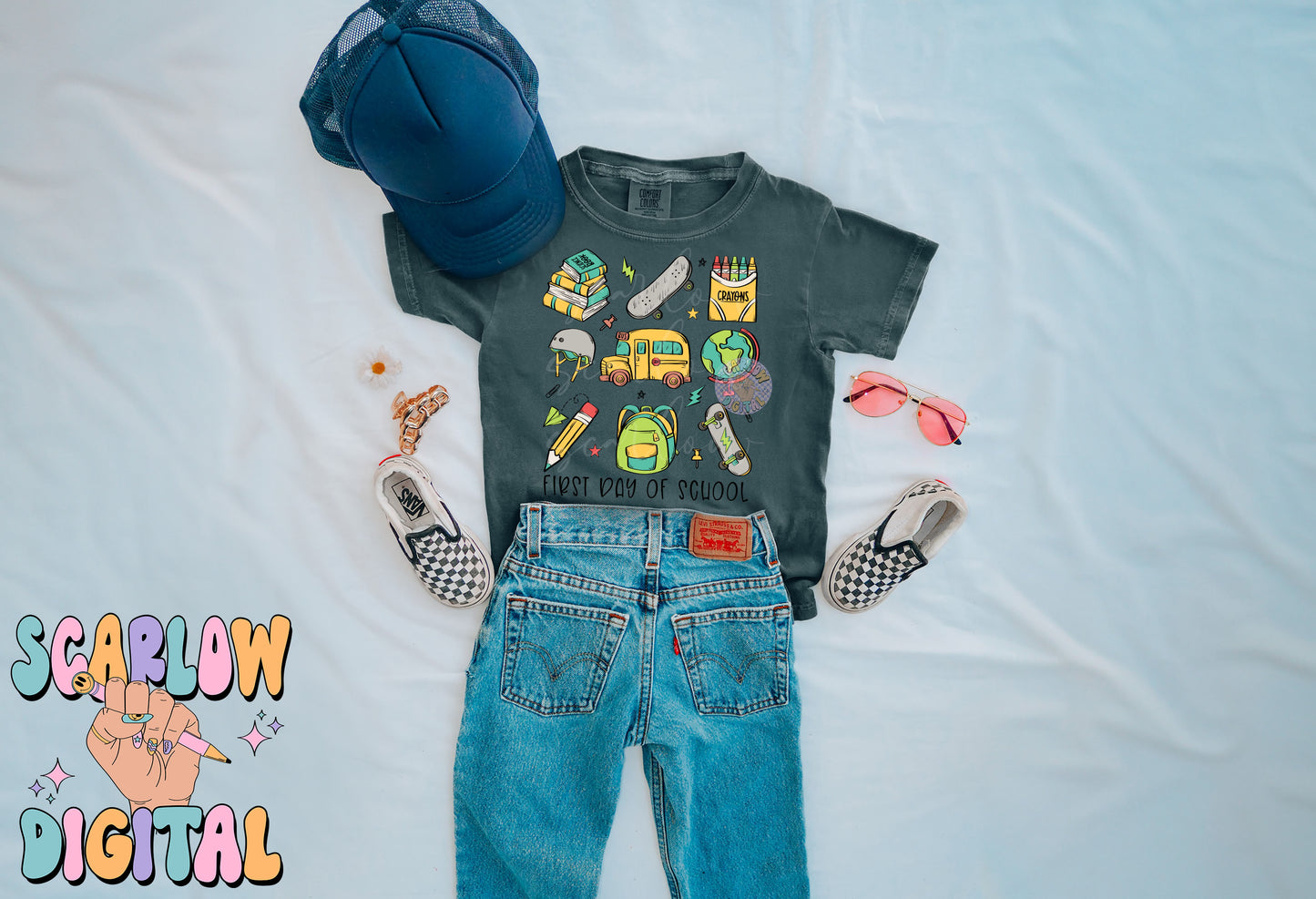 First Day of School PNG Digital Design Download, back to school png, kid png, skater boy png, books png, elementary school png, boy png