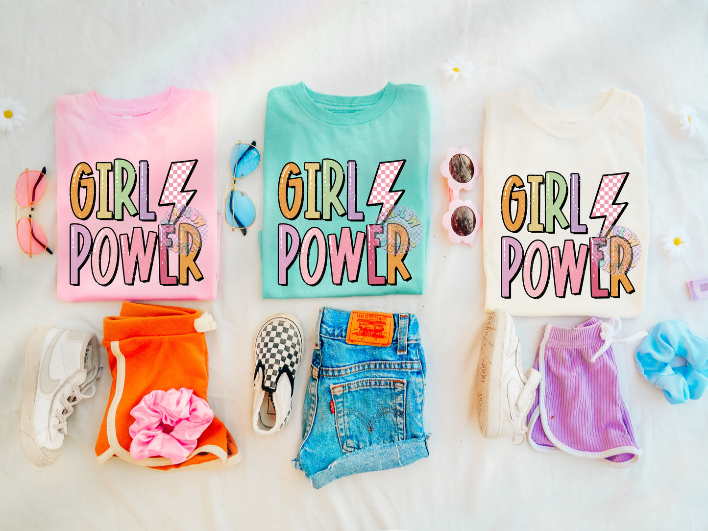 Girl Power PNG Digital Design Download, retro girl png, women empowerment png, lightening bolt png, checkers png, colorful png, rainbow png