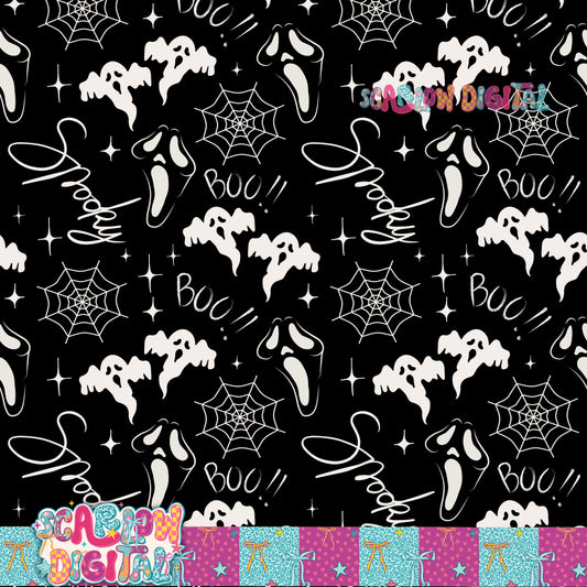Black and White Spooky Halloween Seamless Pattern Digital Design