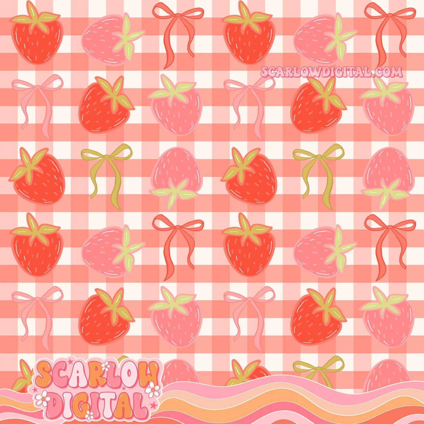 Strawberries and Bows with Plaid Seamless Pattern Digital Design