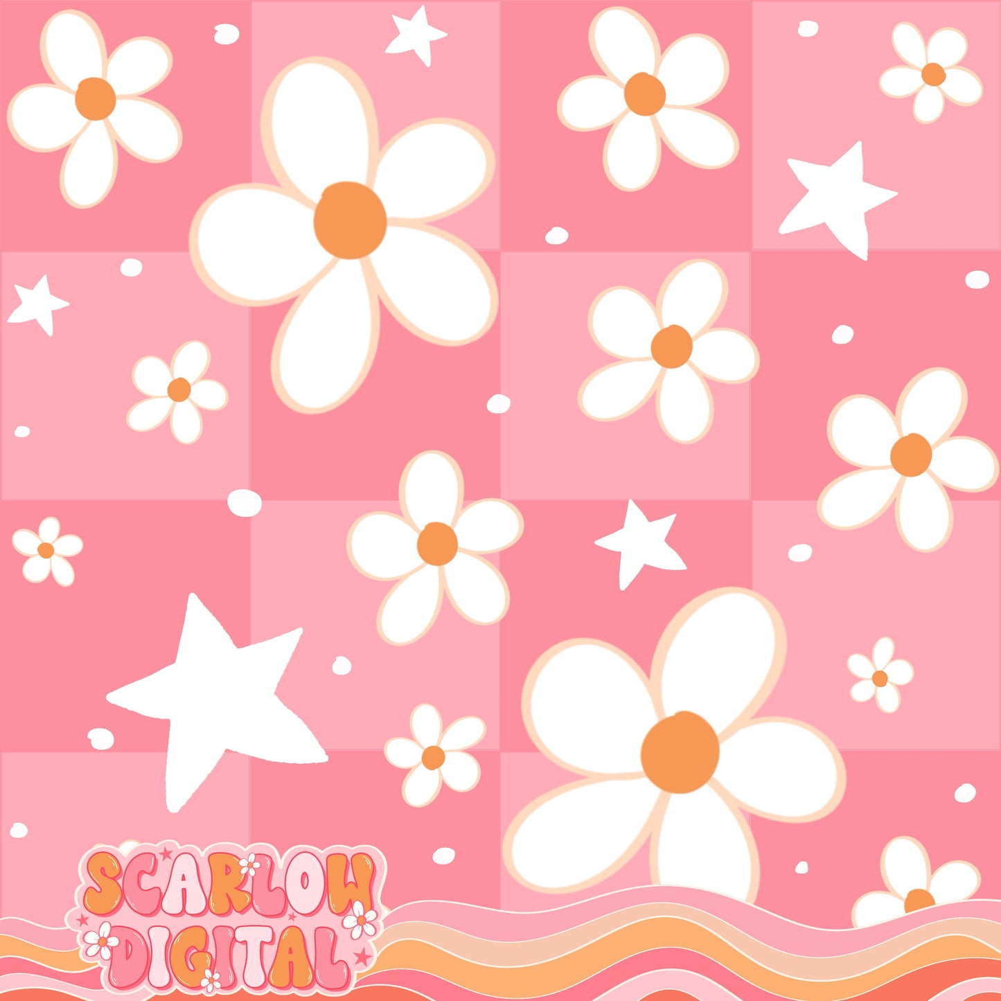 Flowers Stars and Checkers Seamless Pattern Digital Design