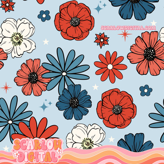 Patriotic Flowers Seamless Pattern Digital Design