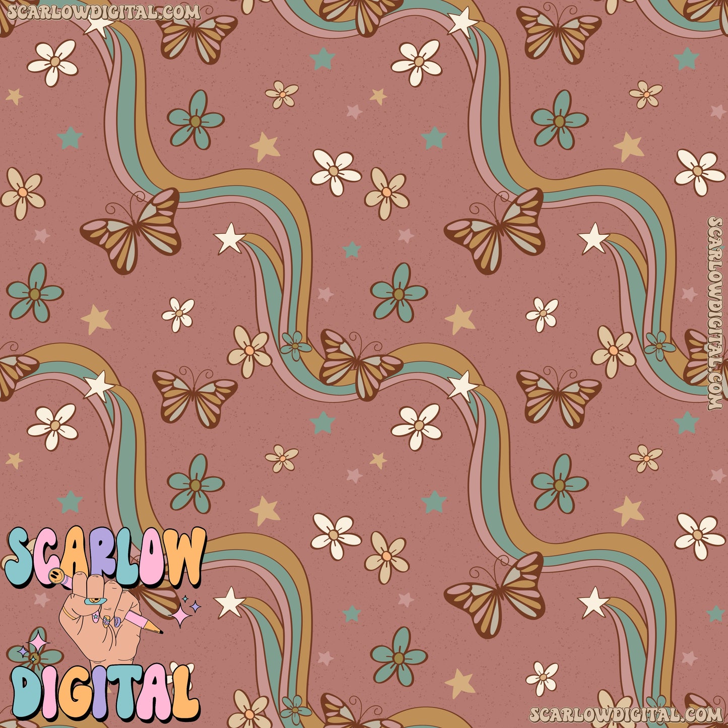 Flowers and Butterflies Seamless Pattern Digital Design