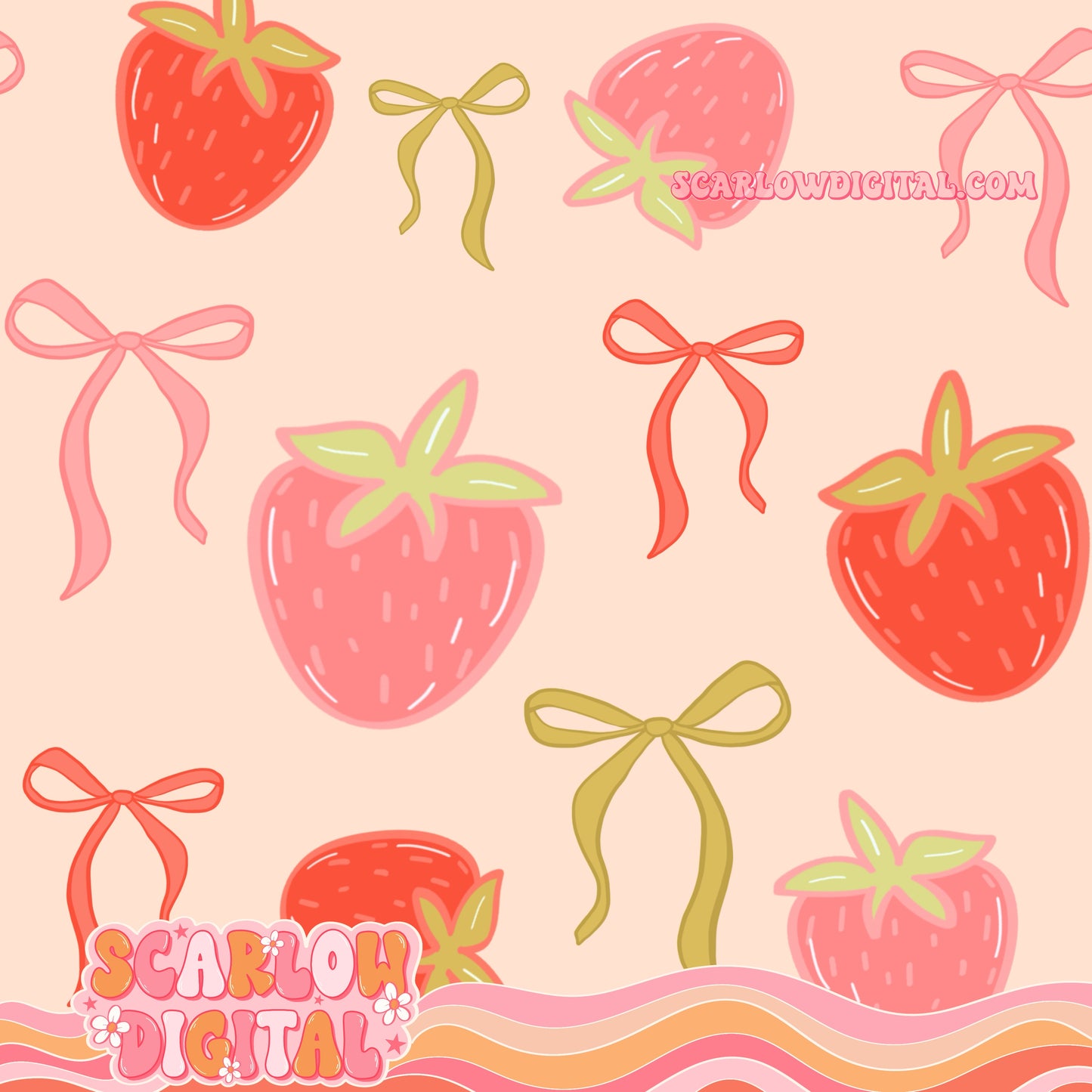 Strawberries and Bows Seamless Pattern Digital Design