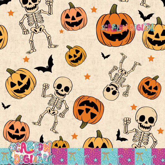 Skeleton and Pumpkins Seamless Pattern Digital Design