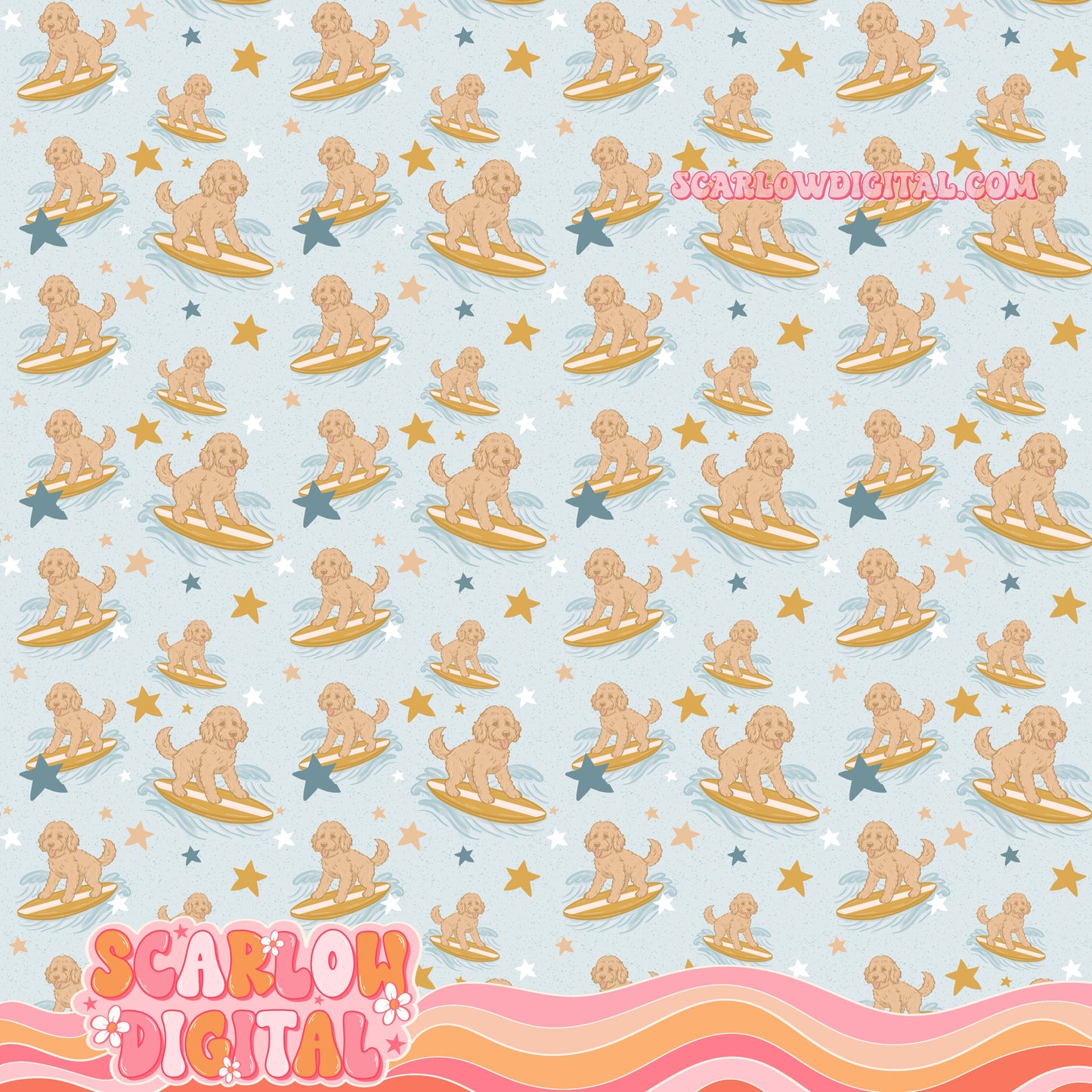 Surfing Dogs Seamless Pattern Digital Design