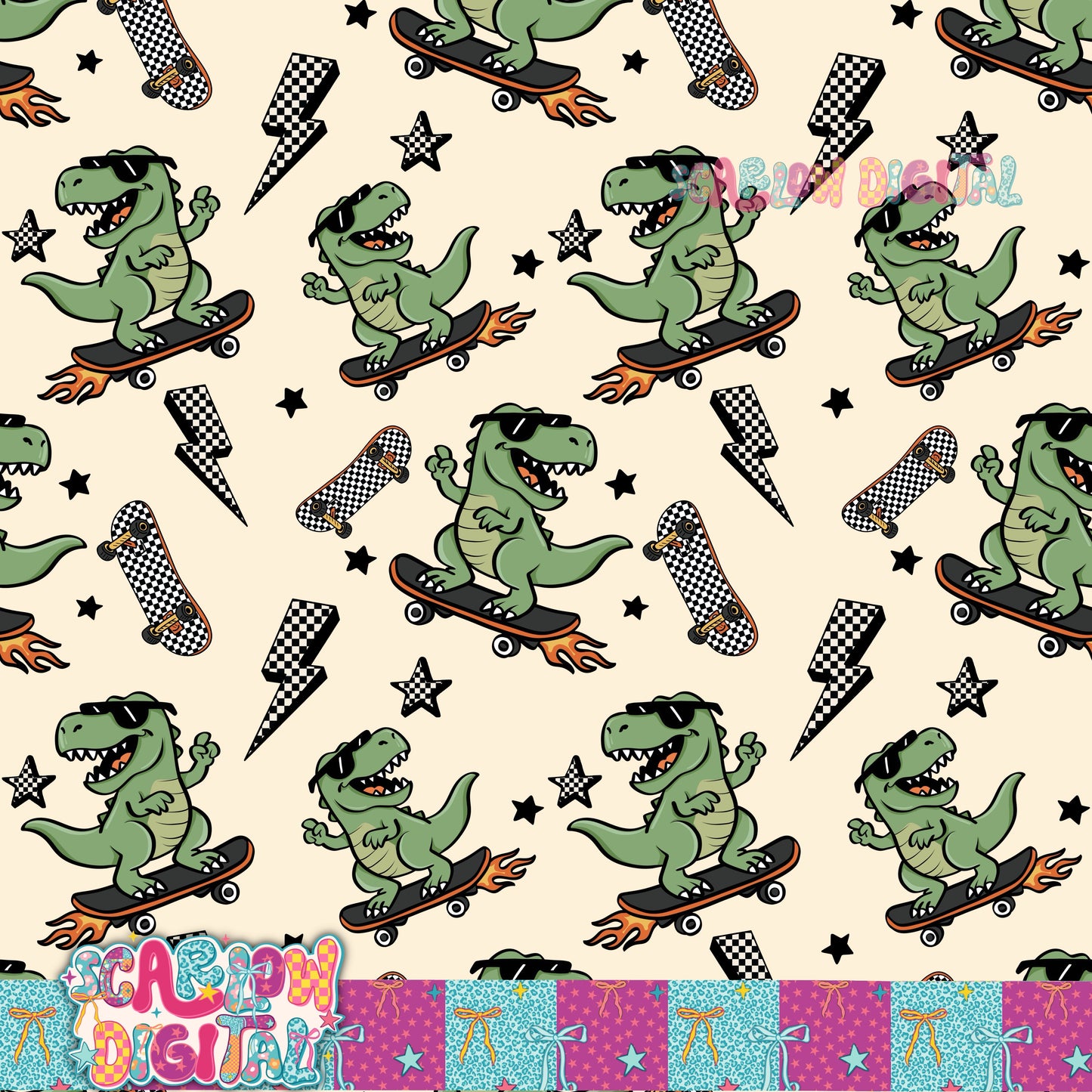 Skating Dinosaur Seamless Pattern Digital Design