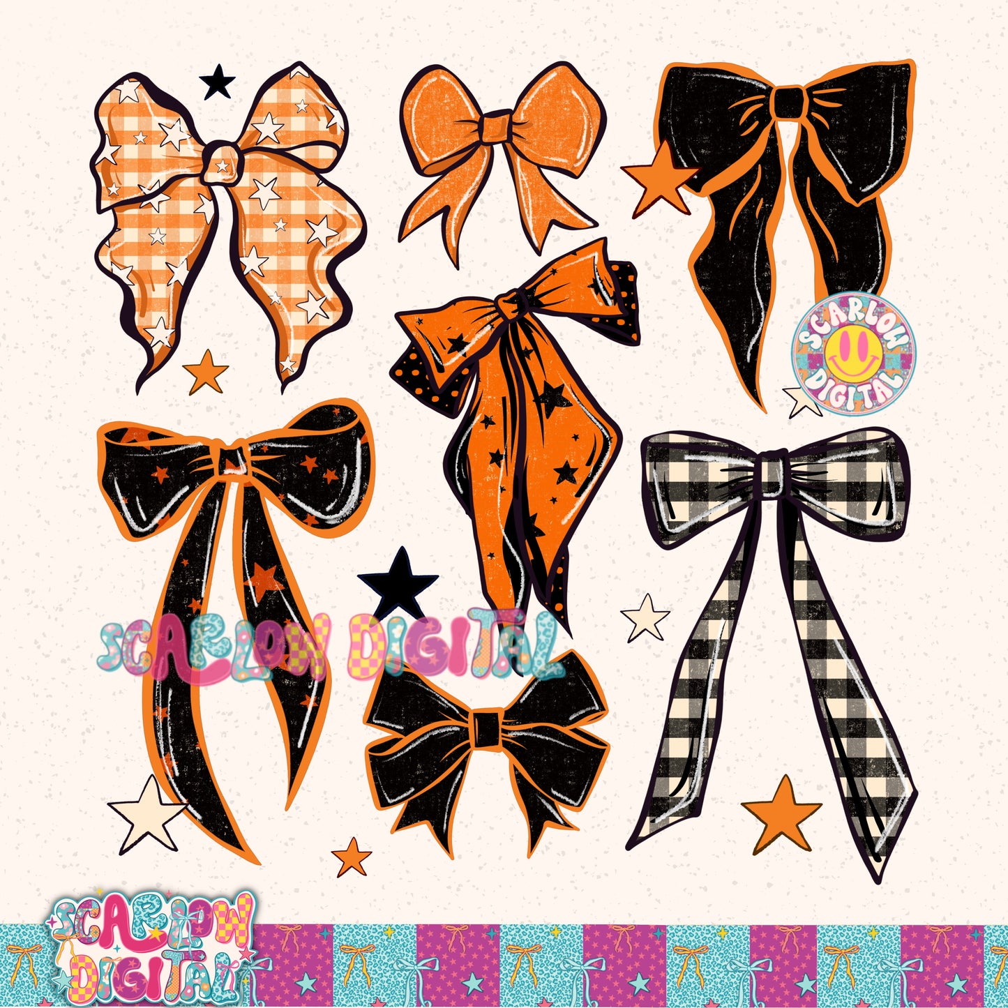 Orange and Black Spooky Bows PNG Digital Design