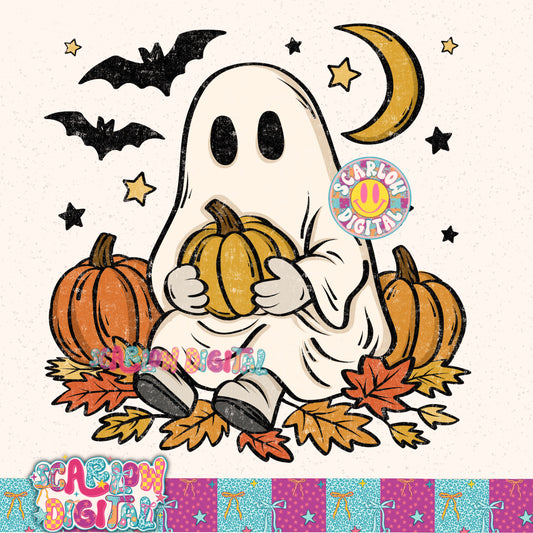 Ghost in Pumpkin Patch PNG Digital Design