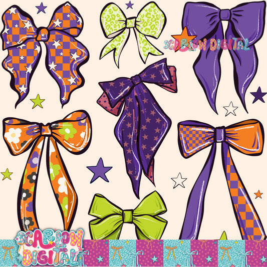 Purple and Green Spooky Bows Seamless Pattern Digital Design
