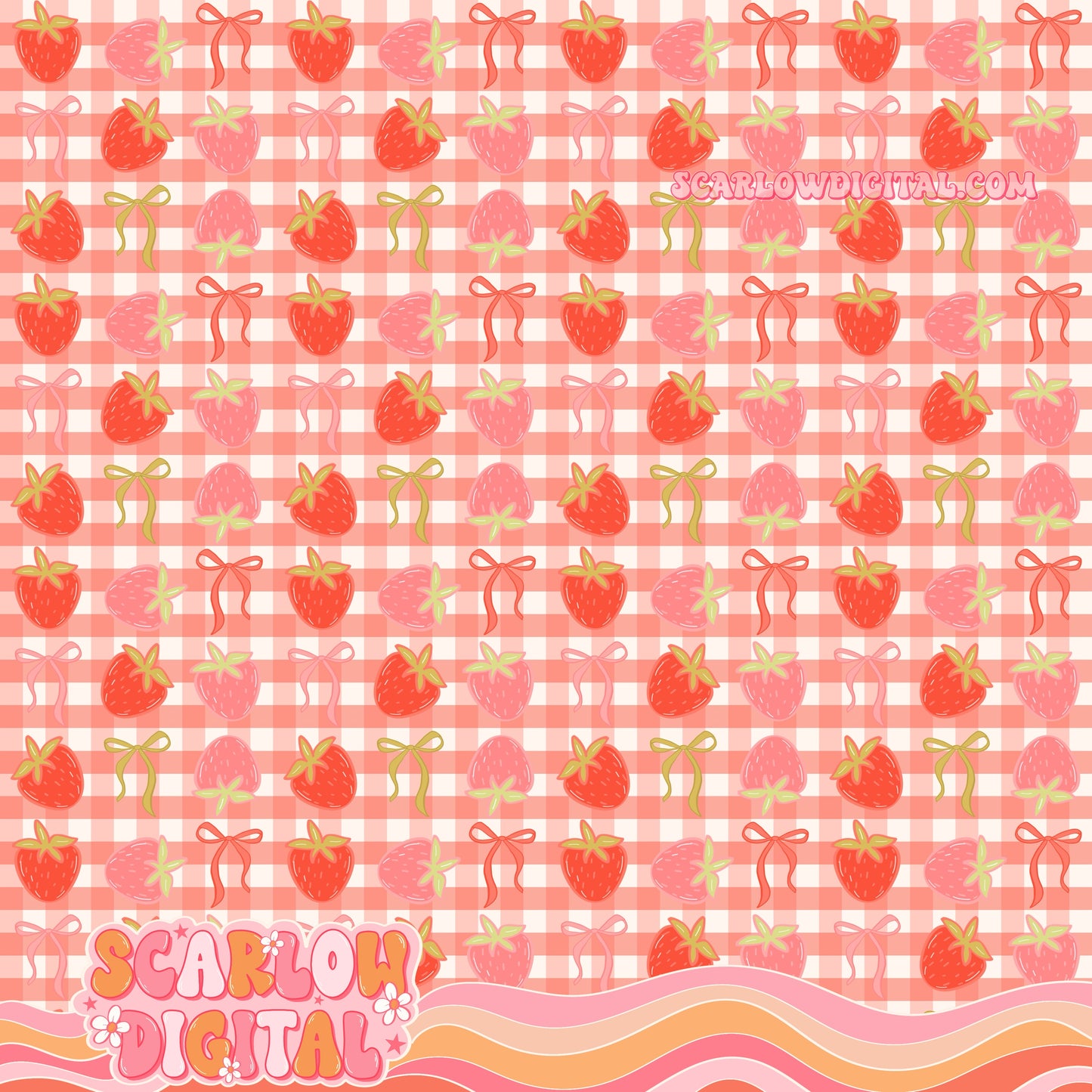 Strawberries and Bows with Plaid Seamless Pattern Digital Design