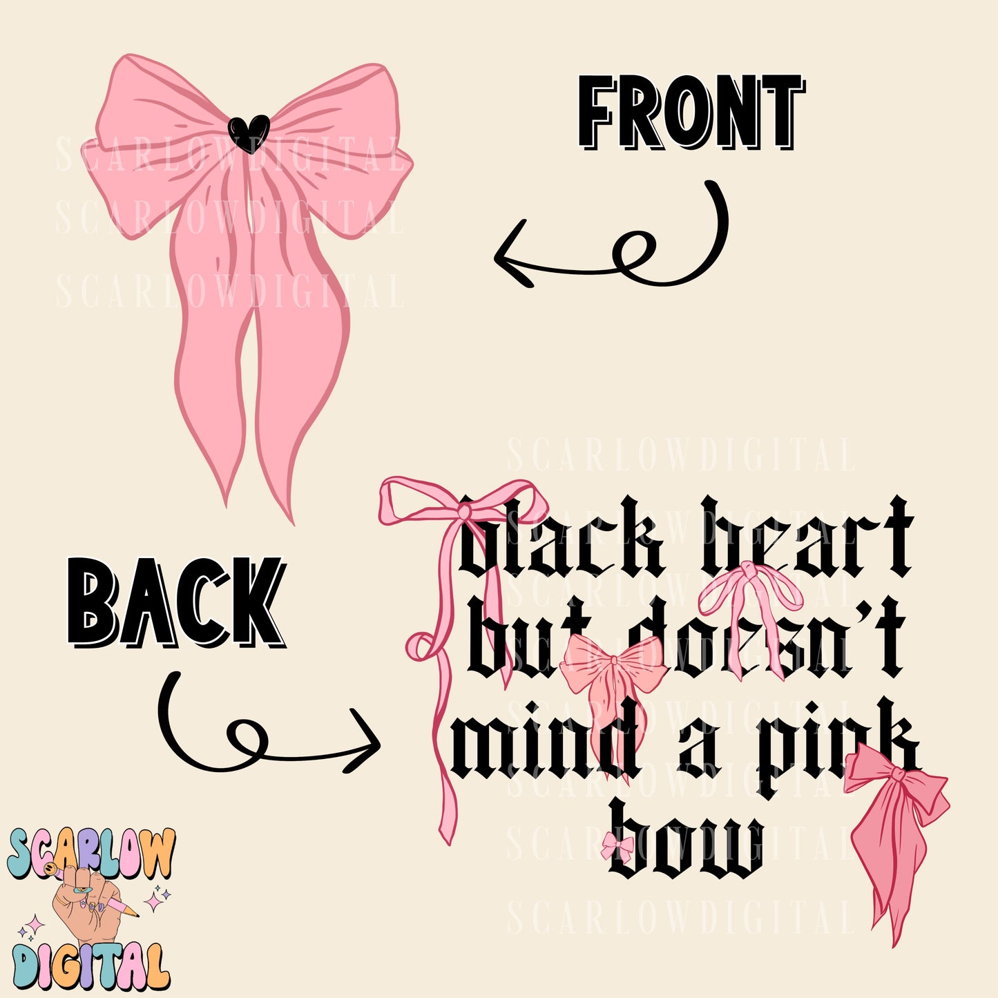 Black Heart But Doesn't Mind a Pink Bow Front and Back PNG Bundle Digital Design