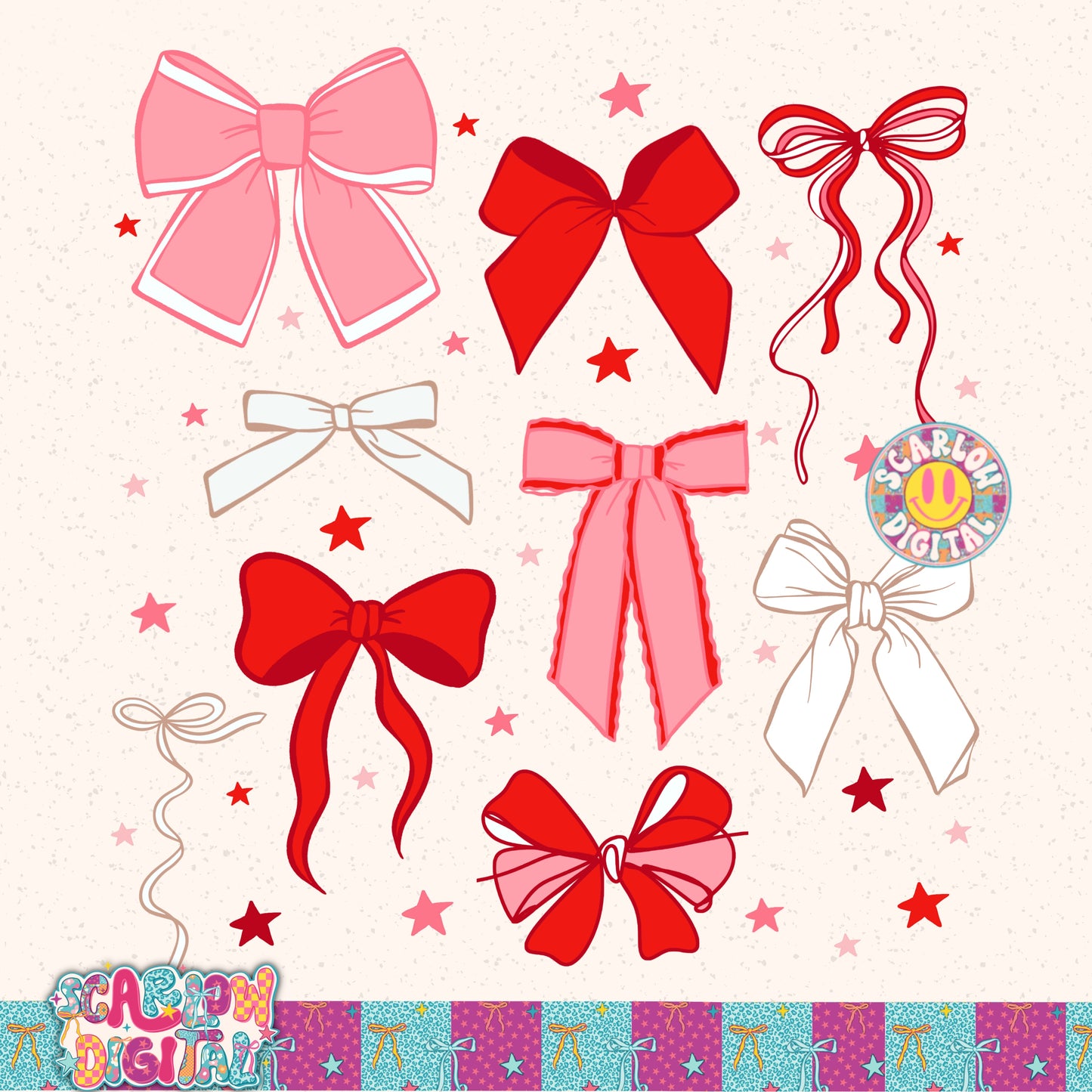 Pink & Red Christmas Bows PNG Digital Design