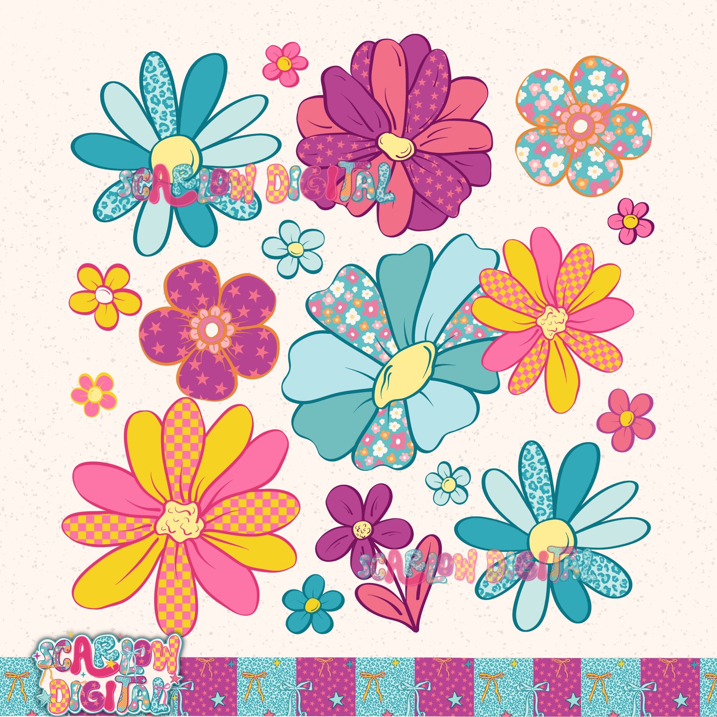 Retro Flowers PNG Digital Design