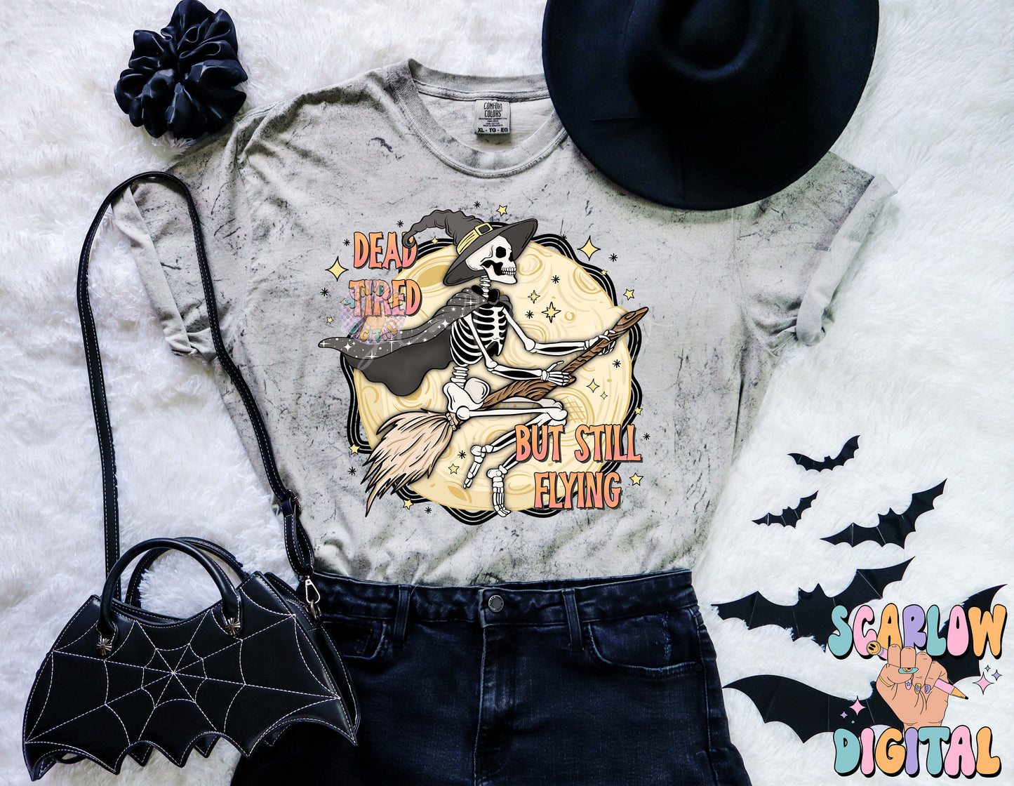 Dead Tired But Still Flying PNG Digital Design Download, Halloween png, skeleton png, funny png designs, adulting png, witch & full moon png