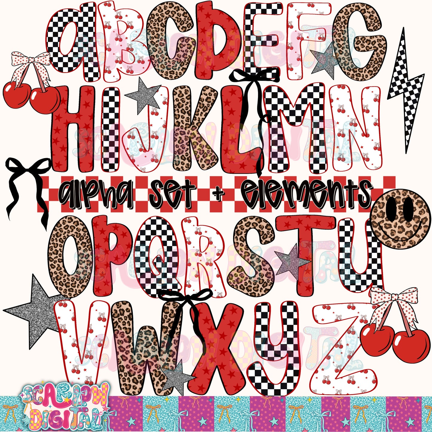 Cherries Checkers and Leopard Alphabet Set Digital Design