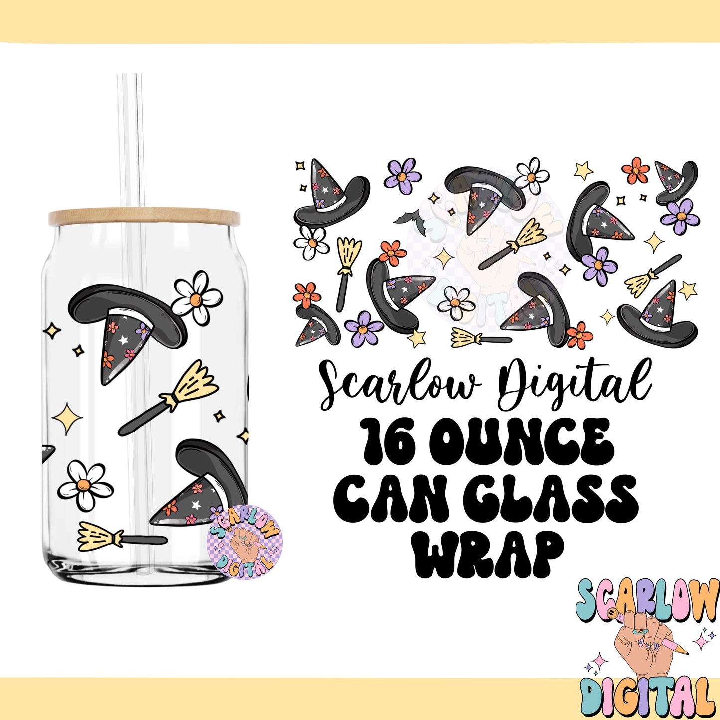 Witch Hat 16 Oz Can Glass Wrap PNG Digital Design Download, flowers cup wrap png, halloween cup wrap png, witchcraft broom cup wrap png