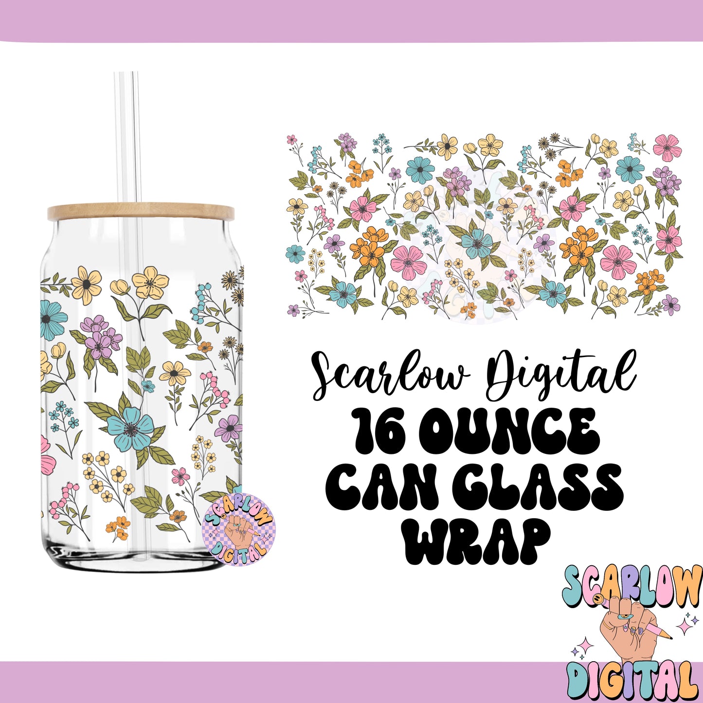 Groovy Flowers 16 Ounce Can Glass Cup Wrap PNG Digital Design Download, floral cup wrap, hippie cup wrap, daisies cup wraps, groovy png