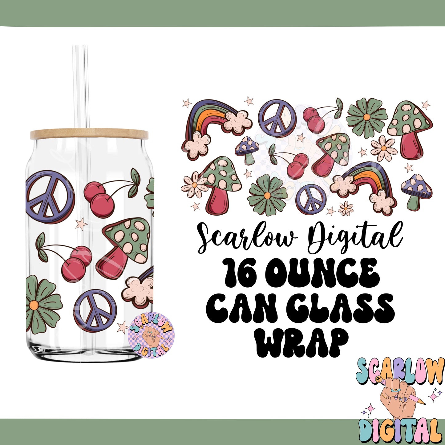 Groovy Doodles Glass Can Wrap PNG Digital Design Download, cherries can glass wrap, mushroom cup wrap, peace sign can glass wrap design