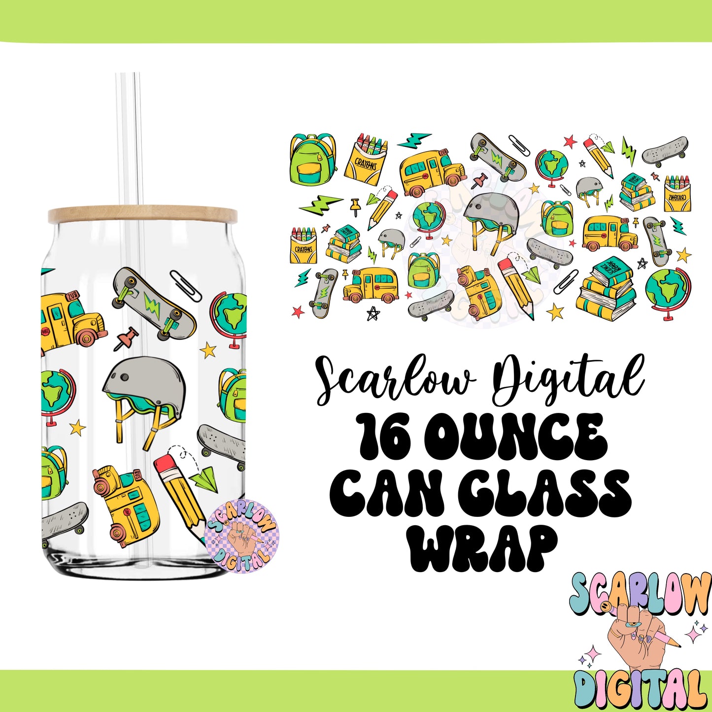 Back to School 16 Ounce Can Glass Wrap PNG Digital Design Download, crayons can glass wrap, skateboard cup wrap, teacher can glass wraps png