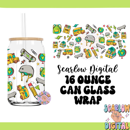 Back to School 16 Ounce Can Glass Wrap PNG Digital Design Download, crayons can glass wrap, skateboard cup wrap, teacher can glass wraps png